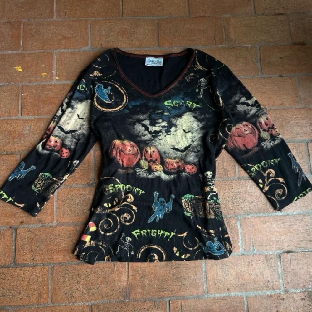 VTG Cactus Bay Halloween Shirt L All Over Print Spooky Pumpkin Rhinestone Y2K